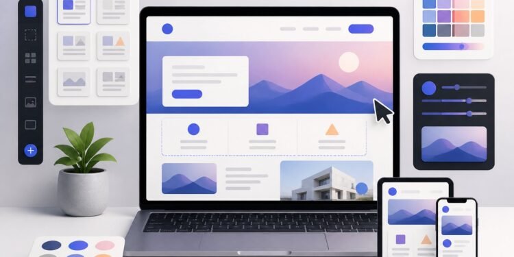 A laptop displays a clean modern website layout surrounded by abstract web design tools and responsive device frames.
