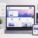 A laptop displays a clean modern website layout surrounded by abstract web design tools and responsive device frames.