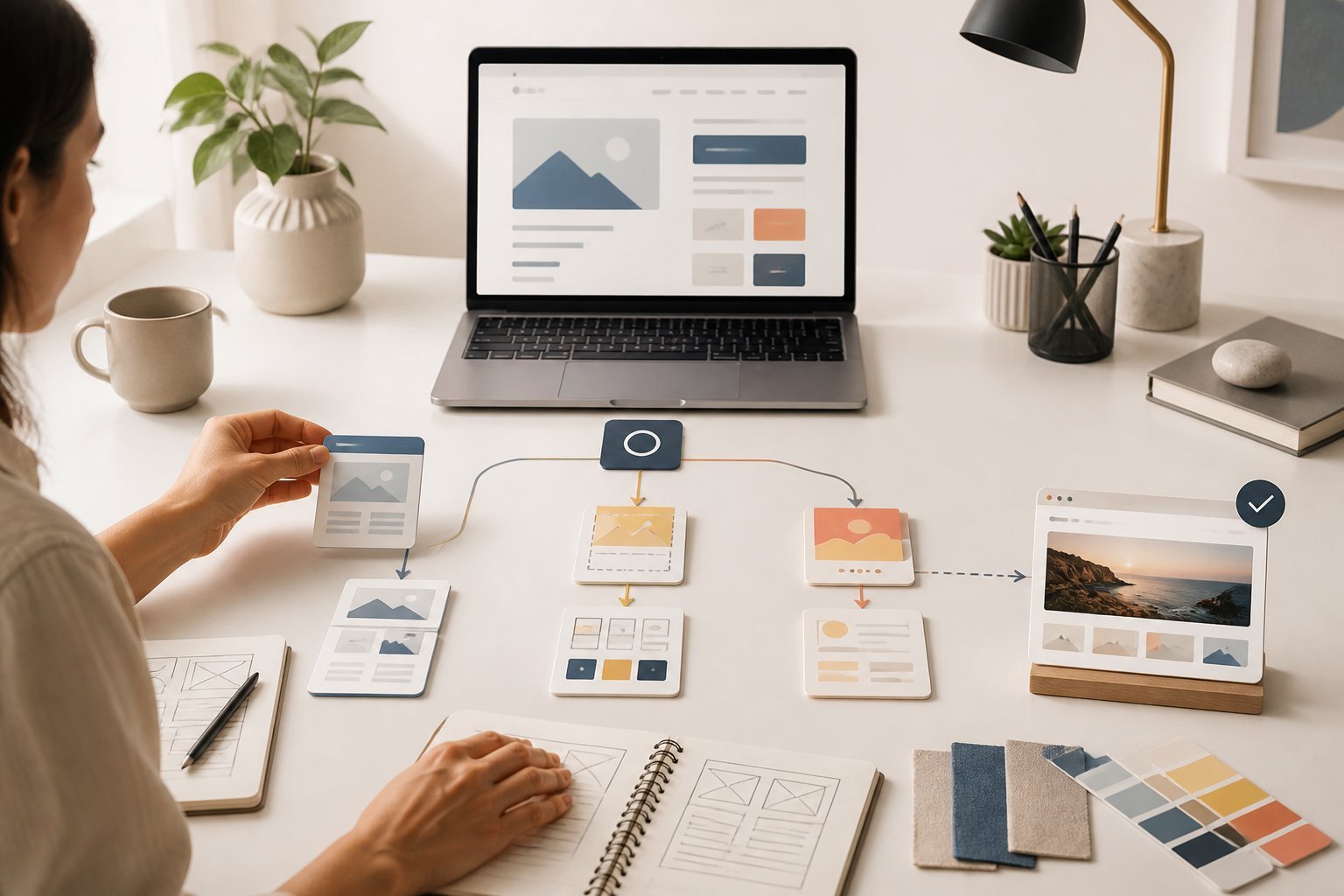 A person choosing between several website-building paths at a laptop, surrounded by layout sketches, interface cards, and design tools.