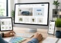 Designer working on an online store layout displayed across a computer, tablet, and smartphone.