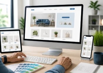 Designer working on an online store layout displayed across a computer, tablet, and smartphone.