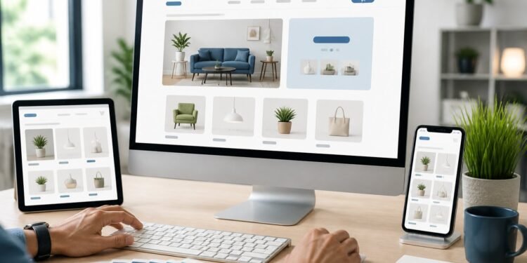 Designer working on an online store layout displayed across a computer, tablet, and smartphone.