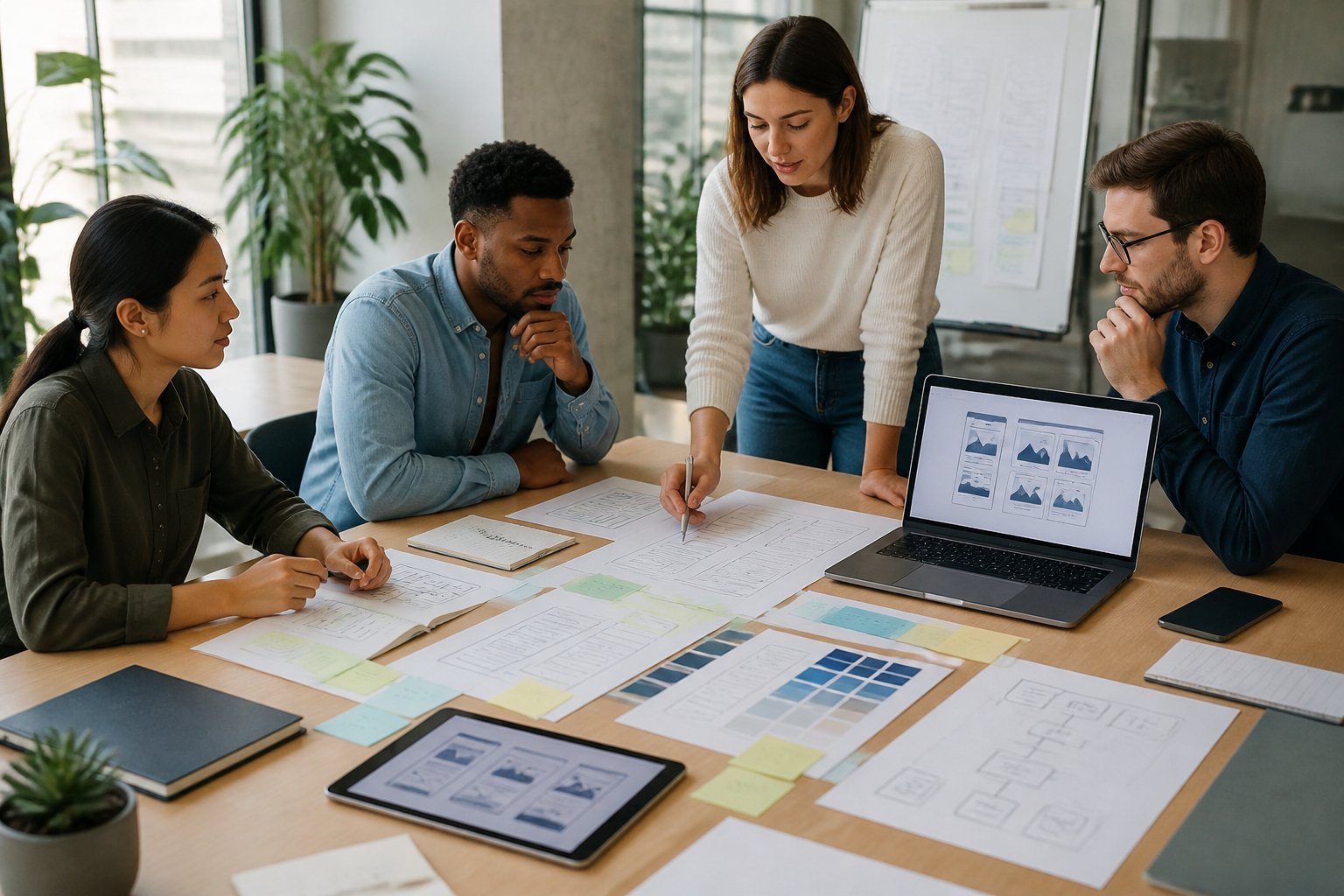 A web design team planning an online store layout around a table with sketches, diagrams, and devices.