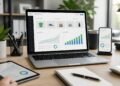 A modern workspace with devices showing an abstract online store dashboard and rising analytics graphics.