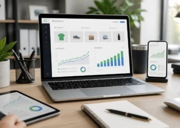 A modern workspace with devices showing an abstract online store dashboard and rising analytics graphics.