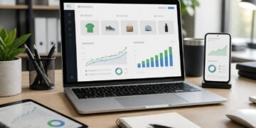 A modern workspace with devices showing an abstract online store dashboard and rising analytics graphics.