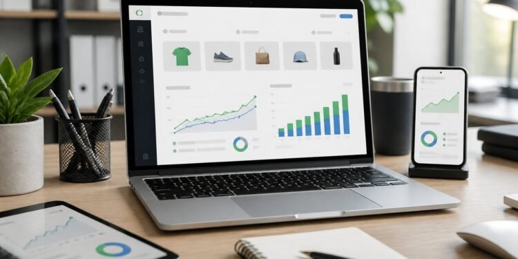 A modern workspace with devices showing an abstract online store dashboard and rising analytics graphics.