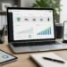 A modern workspace with devices showing an abstract online store dashboard and rising analytics graphics.