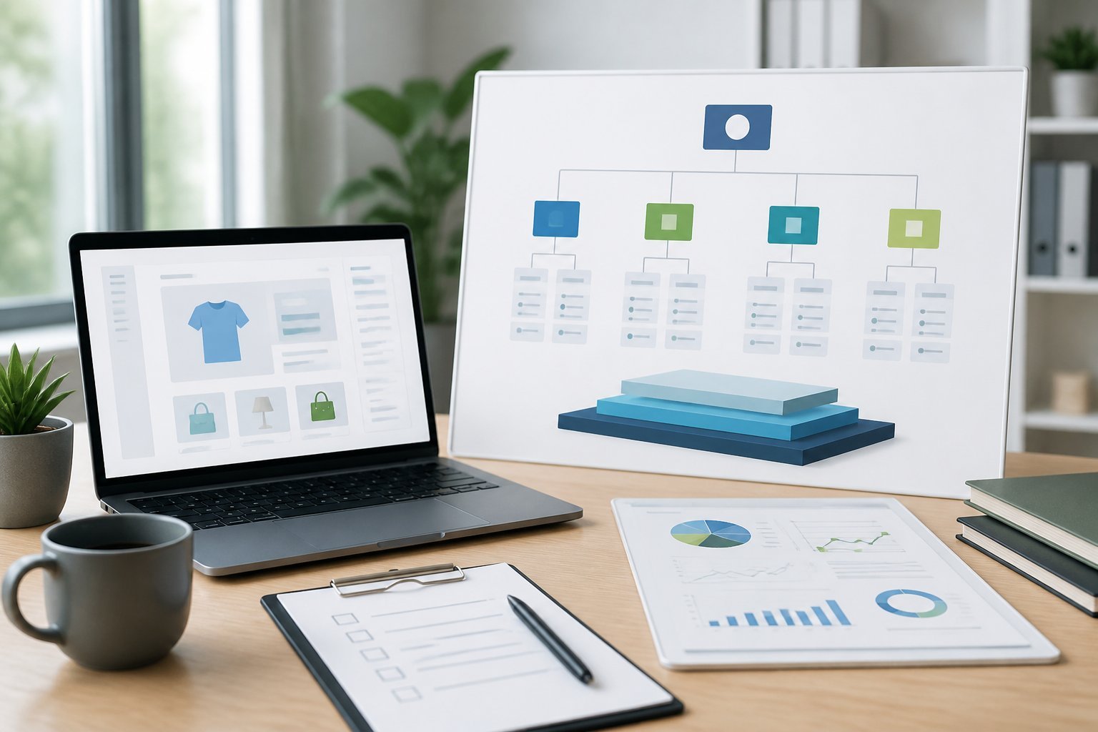 A professional workspace showing an organized ecommerce site structure being planned before page optimization.